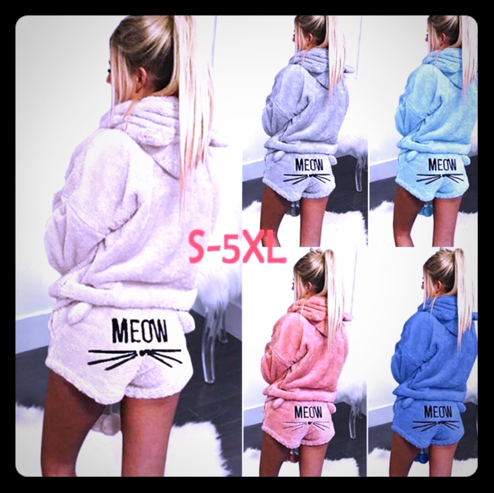 Women's Cat flannel pajama 2 piece with hoodie